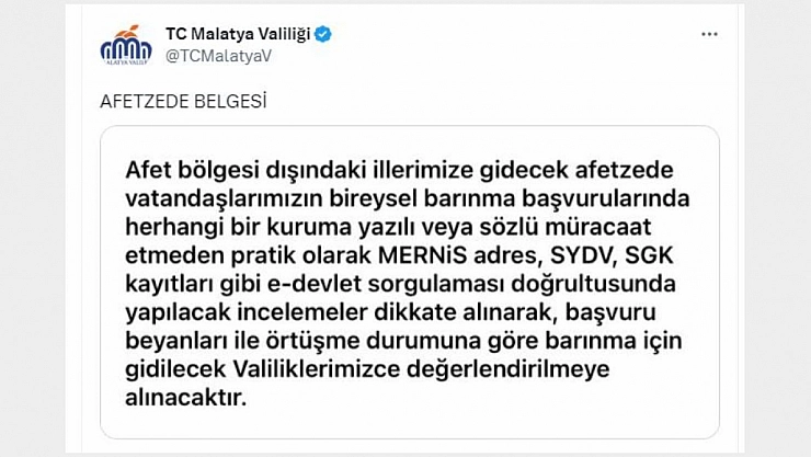 Valilikten afetzede belgesi uyarısı