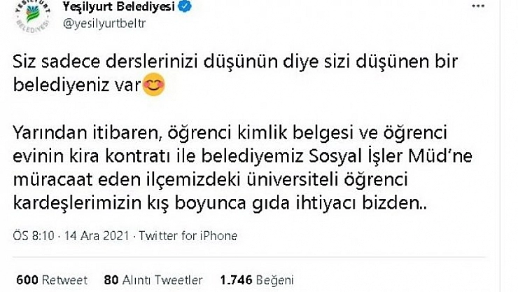 Yeşilyurt Belediyesinden büyük jest