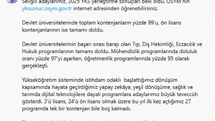 YÖK Başkanı Özvar: Kontenjanların 99'u Doldu