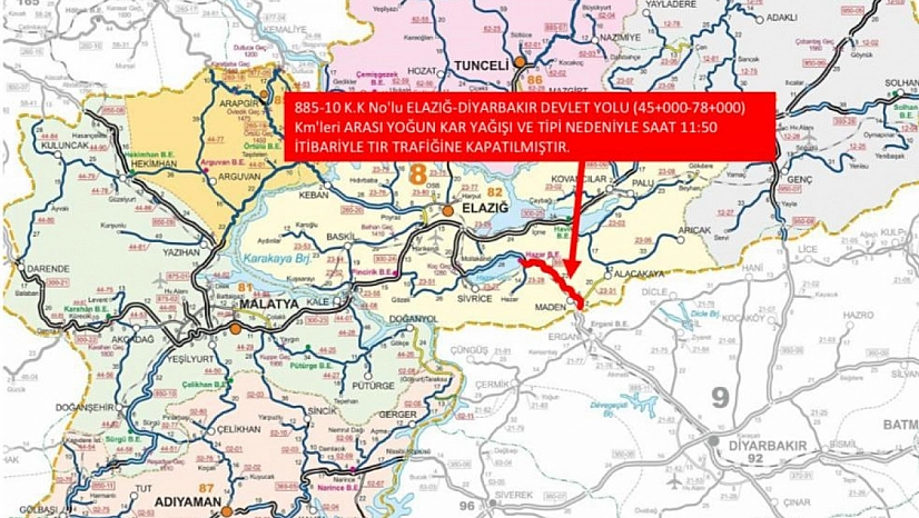 Elazığ-Diyarbakır karayolu trafiğine kapatıldı