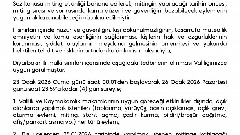 Gösteri ve yürüyüşler 4 gün boyunca yasaklandı