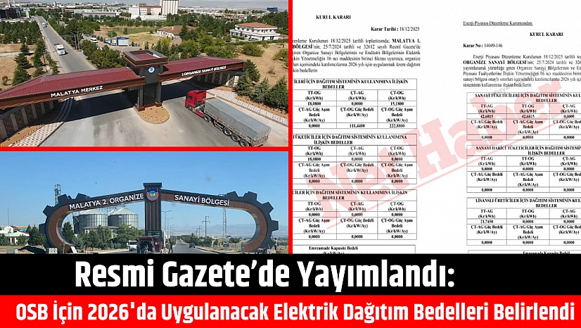 Resmi Gazete'de Yayımlandı: OSB İçin 2026'da Uygulanacak Elektrik Dağıtım Bedelleri Belirlendi